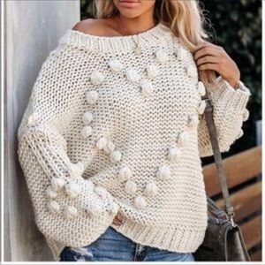 New Oversized Off-Shoulder Bobble Knit Sweater